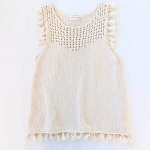 Anthropologie Daniela Tasseled Knit Tank Cream Crochet Tassel Small EUC